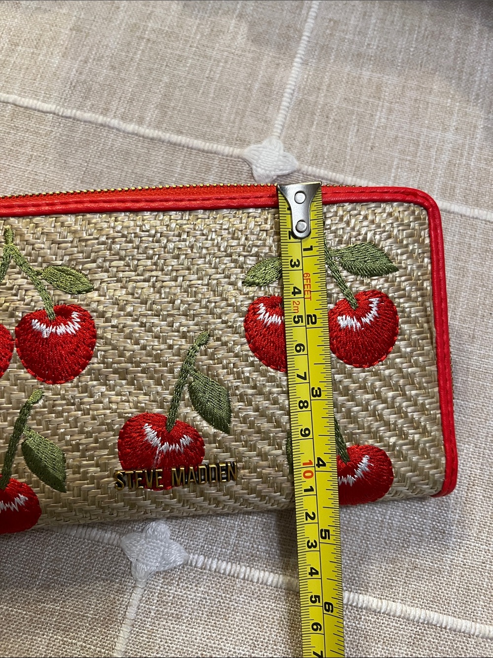 Steve Madden Red Cherry Embroidered Straw Wristlet - Picture 9 of 9
